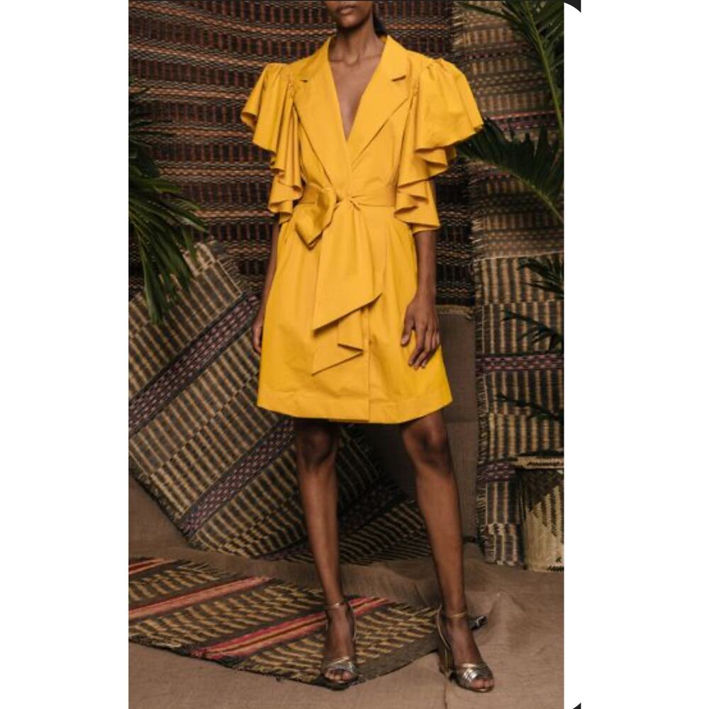 Johanna Ortiz Tulip Evolution Ruffle Shoulder Stretch Poplin Wrap Jacket Dress 8